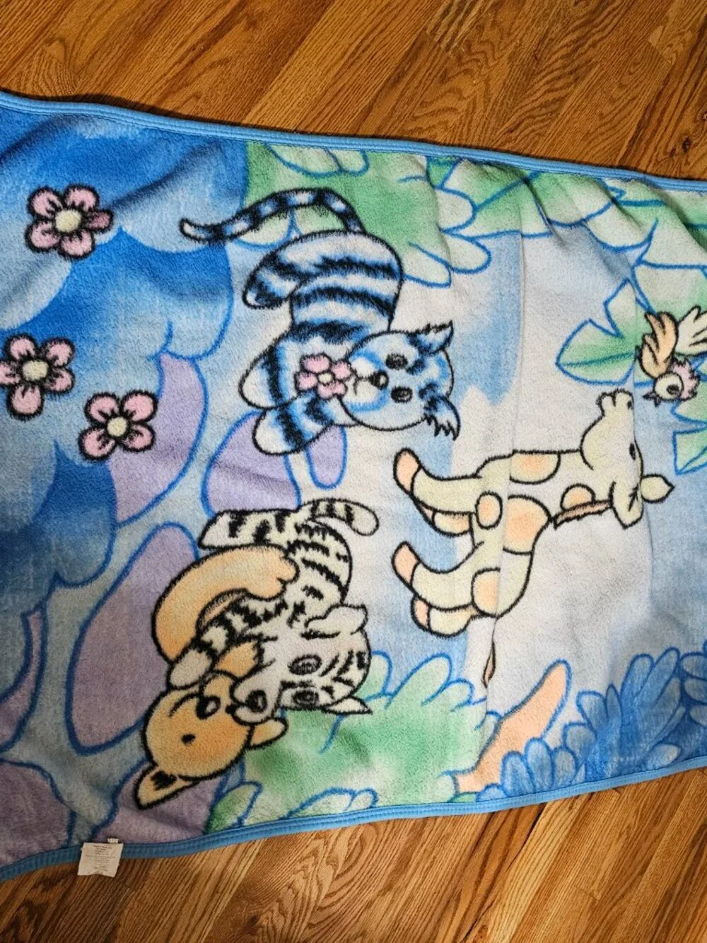 Vintage Blue Green Jungle Plush Baby Blanket Cat Giraffe Tiger Bird ANNS Trading